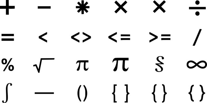 Math symbols icon set, basic mathematical symbols including plus and minus icon set, multiply icon collection, simple flat education and calculation symbols isolated on white background.