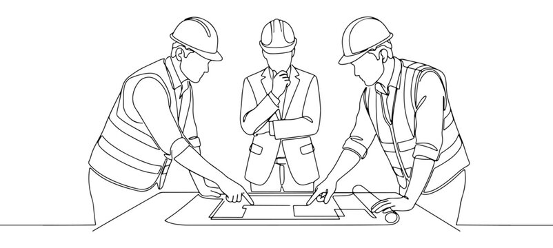 Construction Teamwork One Line Art Illustration &ndash; Industrial Collaboration Concept for Engineering Projects, Company Branding, Safety Campaigns, Posters & Workforce Management Design