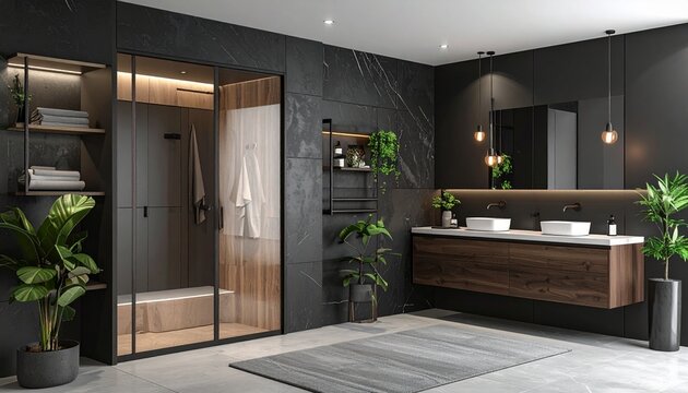 Modern luxury bathroom with large shower cabin, double vanity, and sleek design elements, featuring stone tile walls and warm wood accents
