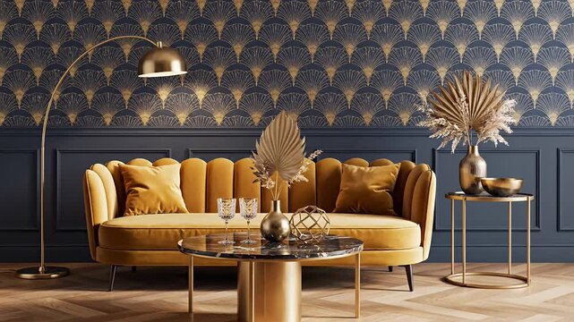 Art Deco living room with yellow velvet sofa and wallpaper