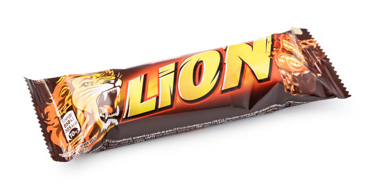 Lion chocolate bar packaging on white background