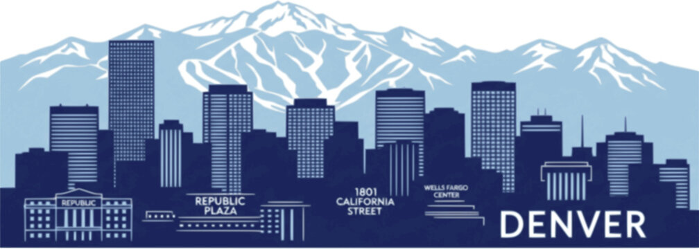 Denver Colorado skyline with Rocky Mountains and ski slopes, vector illustration showcasing urban cityscape,
