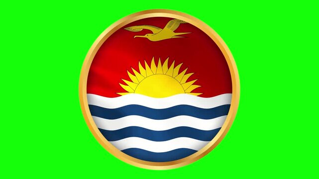 Kiribati Round Framed National Wavy Flag. Circular Blowing Flag of Kiribati with Gold Frame