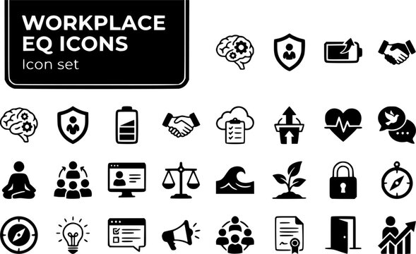 Workplace EQ Icon Set Emotional Intelligence Psychological Safety Burnout Recovery Conflict De-Escalation HR Platform Leadership Training Vector Illustration