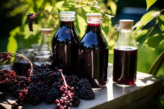 Elderberry syrup bottles and freshly harvested berries on rustic wood outdoors