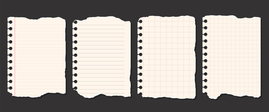 Realistic Ripped Note Paper Set Torn Notebook Sheets with Binder Holes Lined and Grid Paper Pieces Isolated for Collage Design