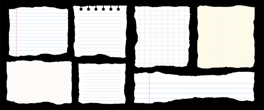 Ripped Note Paper Bundle Torn Notebook Sheets Set Lined Grid Paper Pieces Isolated Scrap Collection for Collage Design Templates