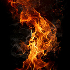 Fototapeta premium Flame Dance: A mesmerizing display of fire with vibrant orange and yellow hues swirling against a dark backdrop, symbolizing energy, passion, and transformation.