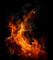 Fototapeta premium Fiery Passion: A captivating display of flames, showcasing vibrant shades of orange, yellow, and red, against a backdrop of deep black. The smoke gently curls and dances.
