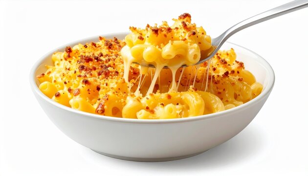 Yummy mac and cheese with cheese pull using spoon isolated on white background