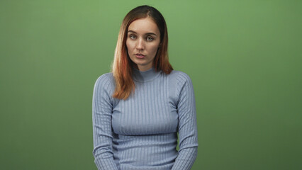 Fototapeta premium Woman sitting with closed eyes and downcast gaze in a studio setting, wearing a turtleneck sweater; contemplation solitude.