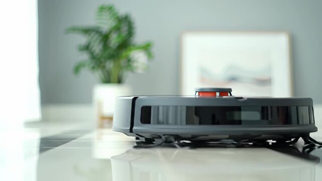 A low angle tracking video of a dark charcoal grey robot vacuum cleaning a striped high-gloss floor, blurred plant & art in a smart home, concept of effortless automation