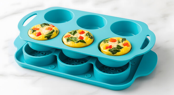 Silicone egg mold with three mini omelets and vegetables for easy breakfast