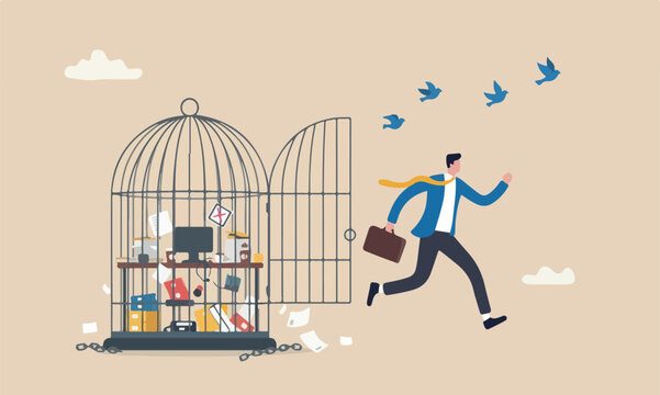 Break free start new business, escape for freedom, resign from toxic workplace or retirement concept, confidence businessman break free from toxic working desk bird cage