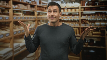 Obraz premium Hispanic man with moustache shrugging hands amid wooden shelves of a bakery storage; uncertainty doubt.