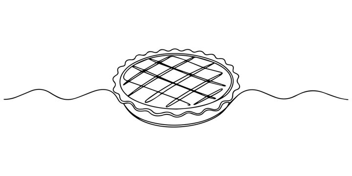 One line continuous pie. Line art traditional pie outline. Hand drawn vector art, Single continuous line drawing of stylized delicious apple pie for cake logo art label. Pastry shop concept. Modern on
