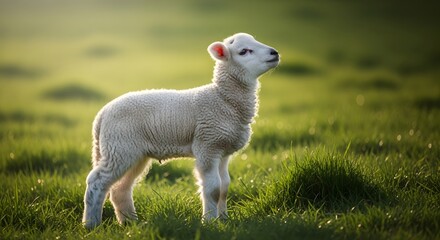 Obraz premium A young white lamb stands in a lush green meadow bathed in the golden light of a setting sun