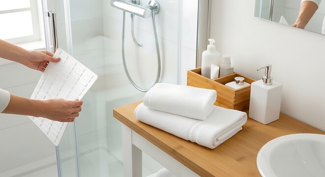 Person placing adhesive strips on glass shower door in modern bathroom