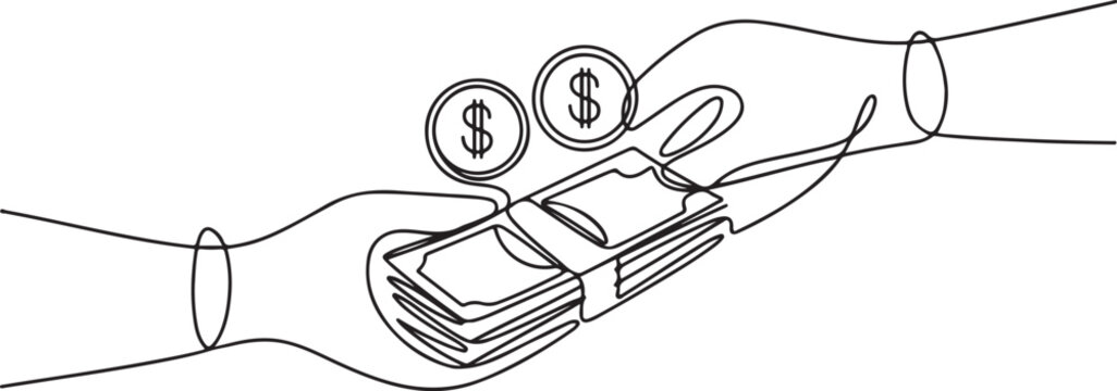 Continuous one line drawing of money exchange with dollar coins and stacks of cash showing a financial transaction.one line drawing vector illustrationContinuous 