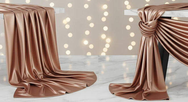 Luxurious bronze satin fabric draped elegantly over white marble tables in a sophisticated setting with soft glowing lights in the background creating a warm ambiance always