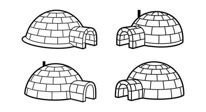 Line art illustration of several igloos with entrances and chimneys