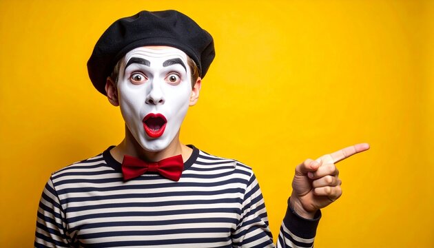Surprised ecstatic young mime man with white face mask wears striped shirt beret pointing aside on workspace area copy space mock up isolated on yellow background studio portrait.