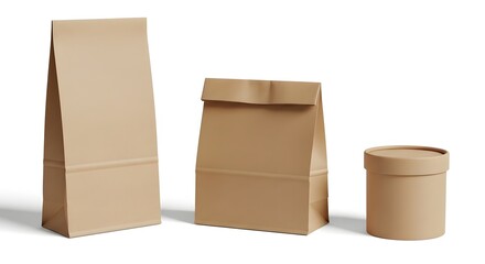 Fototapeta premium Three different shapes of brown paper packaging containers with white background.
