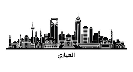 Obraz premium Four black and white skyline illustrations representing different cityscapes