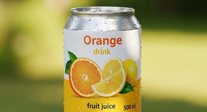 Chilled can of orange fruit juice drink displayed outdoors. illustration