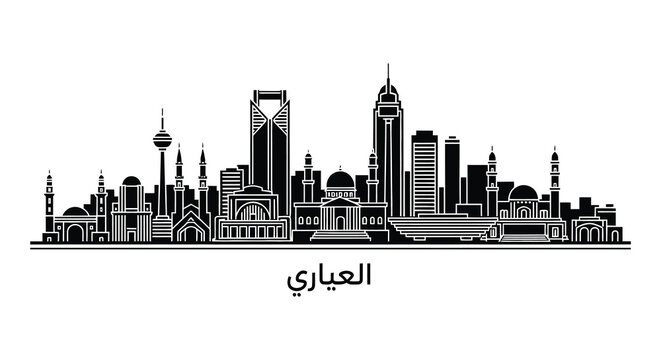 Four black and white skyline illustrations representing different cityscapes