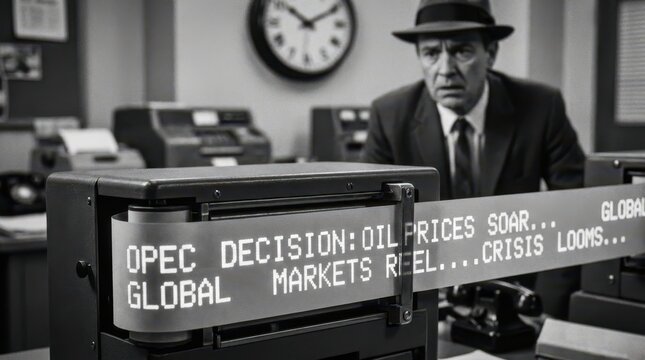 Tense Office Scene with News Ticker on Oil Prices and Market Reactions