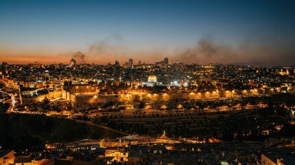 Fototapeta premium Majestic Cityscape of Jerusalem at Twilight with Glowing Lights