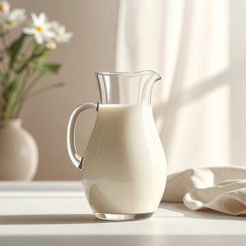 Mockup de jarra de vidrio transparente con leche sobre fondo neutro, iluminaci&oacute;n suave, estilo minimalista, espacio en blanco para dise&ntilde;o personalizado