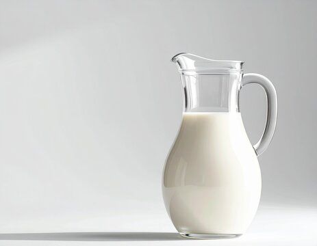 Mockup de jarra de vidrio transparente con leche sobre fondo neutro, iluminaci&oacute;n suave, estilo minimalista, espacio en blanco para dise&ntilde;o personalizado