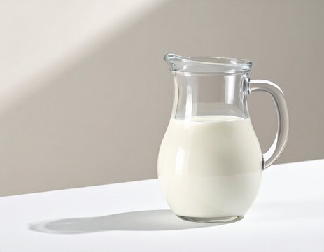 Mockup de jarra de vidrio transparente con leche sobre fondo neutro, iluminaci&oacute;n suave, estilo minimalista, espacio en blanco para dise&ntilde;o personalizado