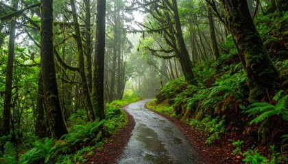 Fototapeta premium Serene Forest Road A Lush Green Pathway Through Natural Beauty and Tranquility.