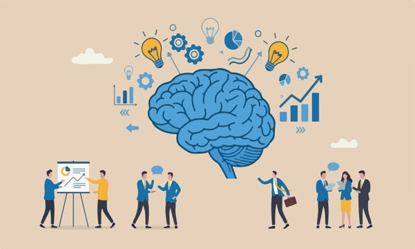 Genius or or learning meeting teams together new skills, brainstorming, knowledge or wisdom, competence or intelligence to improve capability concept, human brain success business management elements