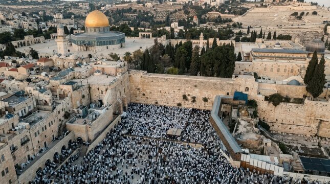 Aerial View of Jerusalem's Western Wall and Dome of the Rock at Dusk