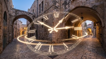 Obraz premium Vintage City Street with Clock Overlay and Motion Trails at Dusk