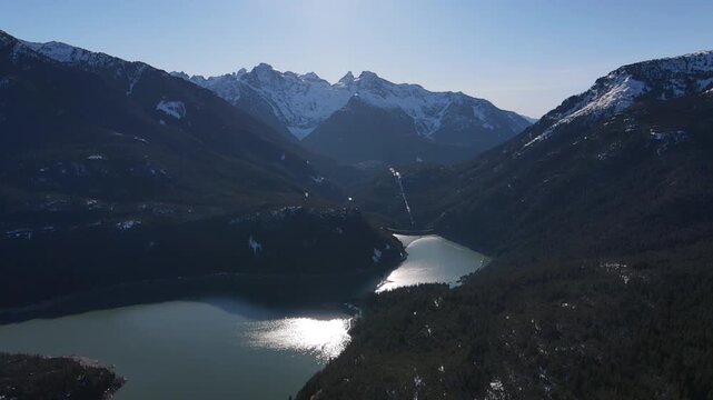 Lake reflection in the north cascades over a dam