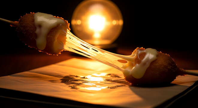 a hot, stretched cheese pull (from a Japanese-style cheese hot dog or korokke) connecting two pieces. by a warm, hidden light source that makes the cheese strands glow 