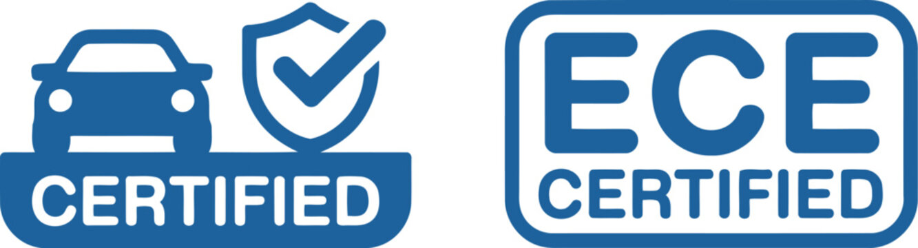 Blue Certified and ECE Certified Car Icon Set for Automotive Safety and Compliance Labels
