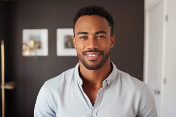 Obraz premium Young man smiling at the camera, portraying confidence and professionalism indoors