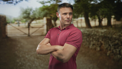 Fototapeta premium Man with arms crossed showing forearm and biceps by a stone wall and gate in a forest; confidence resilience.