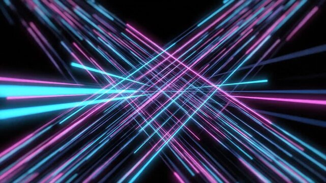 Colorful neon light beams intersecting space.