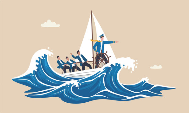 Courage business success, teamwork to help survive crisis, challenge or risk taker concept, businessman captain point finger to lead team sailing boat to survive wave storm