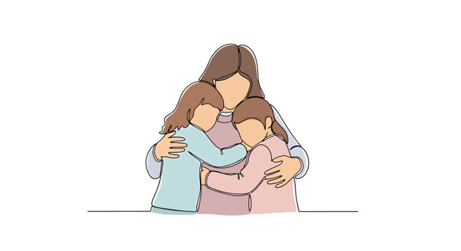 Authentic moment of loving mother embracing her two children with arms wrapped around them conveying warmth and affection in a tender gesture of family bonding and unconditional support