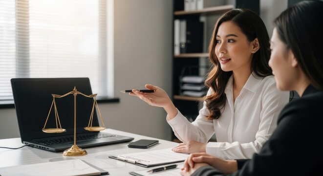 Two professional women in a legal office discussing a case with a laptop and scales of justice on the desk.