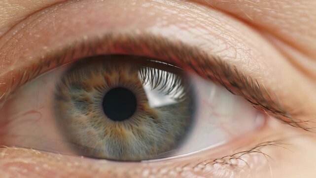 Extreme close-up macro video of a human eye with mesmerizing blue-green irises, dark eyelashes. Pupil dilates, constricts. Velvety dark background, creamy bokeh. Study of human vision