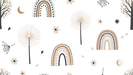 Beautiful boho style seamless pattern with rainbows dandelion flowers trees and moons in warm earthy tones for modern nursery textiles. © Scotta